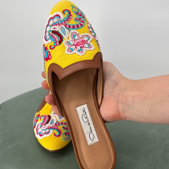 Vintage 1990s Oscar De La Renta Yellow Beaded Floral Pattern Leather Size 6.5 - Picture 1 of 7